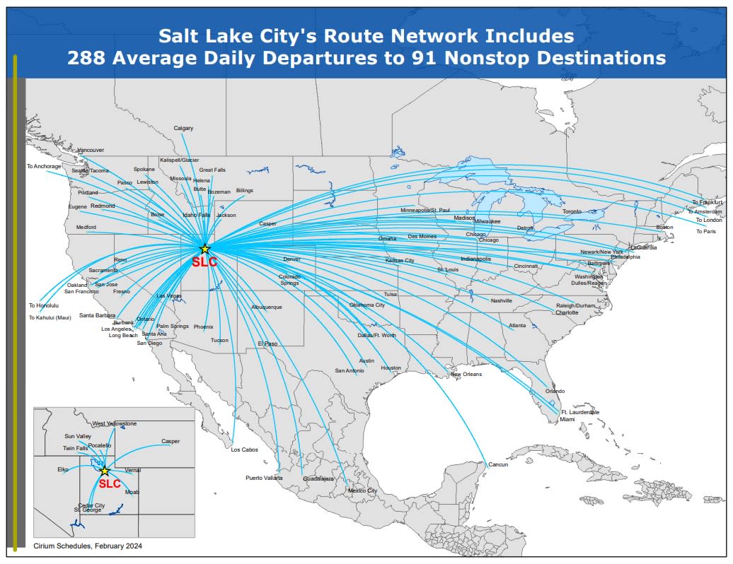 Map of the United States showing direct flights into Salt Lake