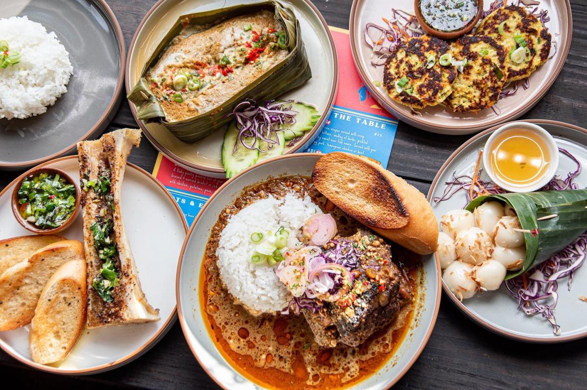 Assorted Cambodian dishes seen from above at Kampuchea Kitchen in Ft. Thomas Kentucky