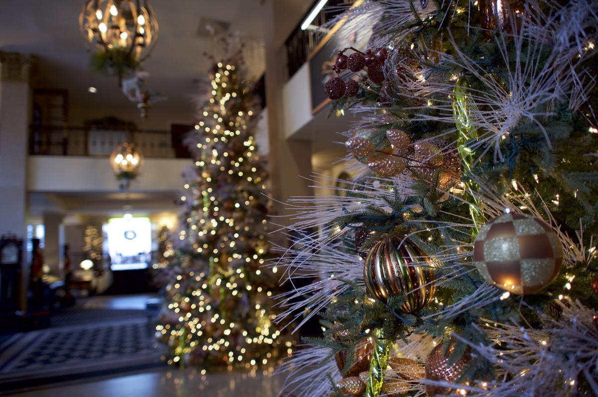 Decorated Christmas trees in the Lobby of the Historic Hotel Bethlehem