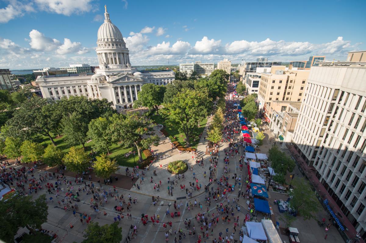 An aerial view of the capitol building in Madison, WI
