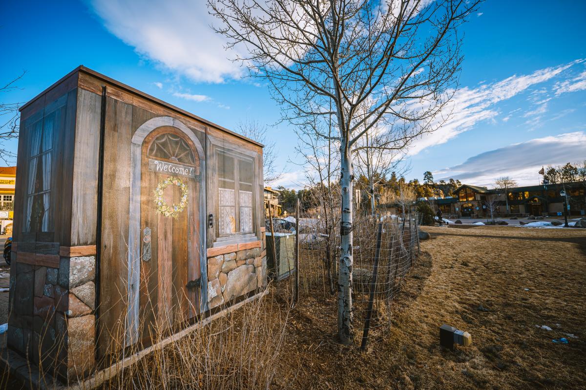 A mural painted on a utility to box to make it resemble the front door of a house