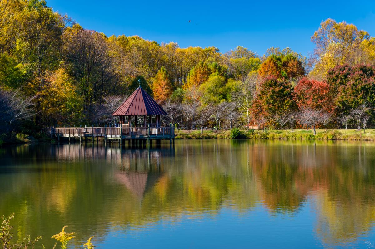 A serene lake reflects a gazebo surrounded by vibrant autumn foliage. Clear blue skies enhance the tranquil setting.