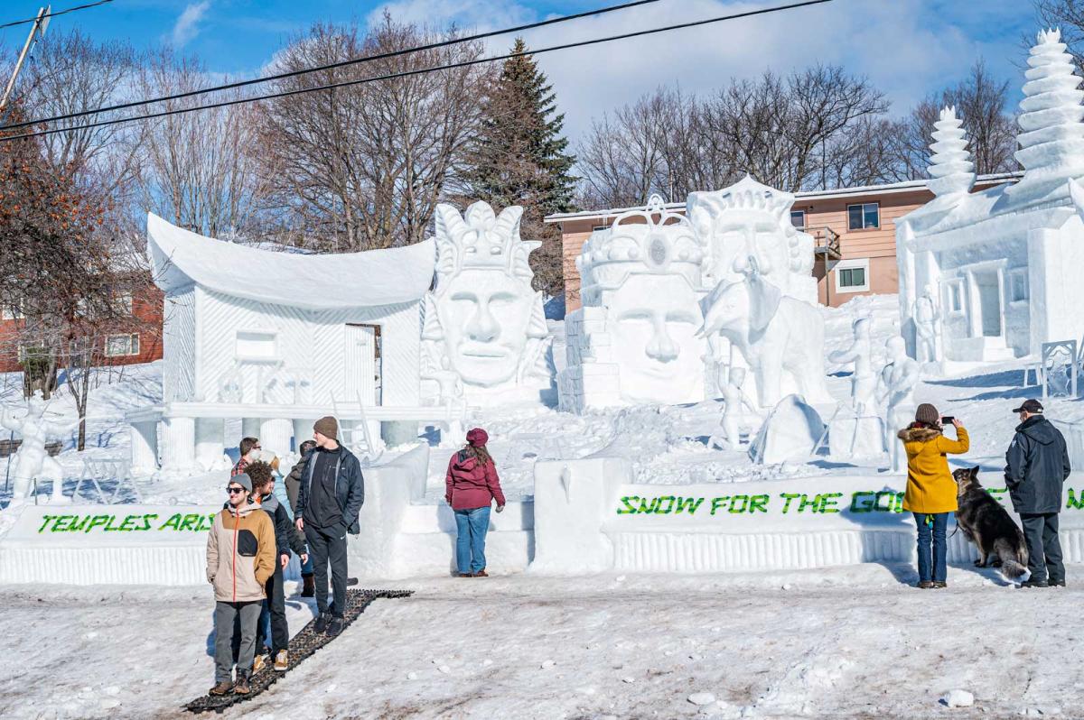 Crowd views and photographs large snow statue.