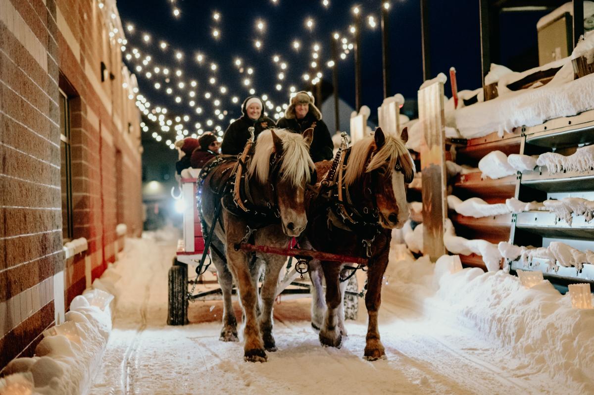 Horses pull a carriage through downtown Houghton.