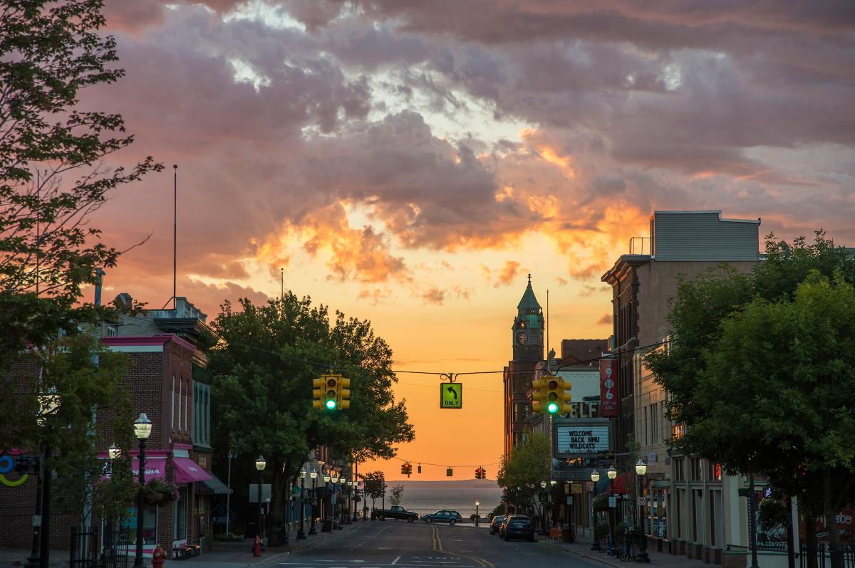 Sunrise over Lake Superior and downtown Marquette, Michigan.