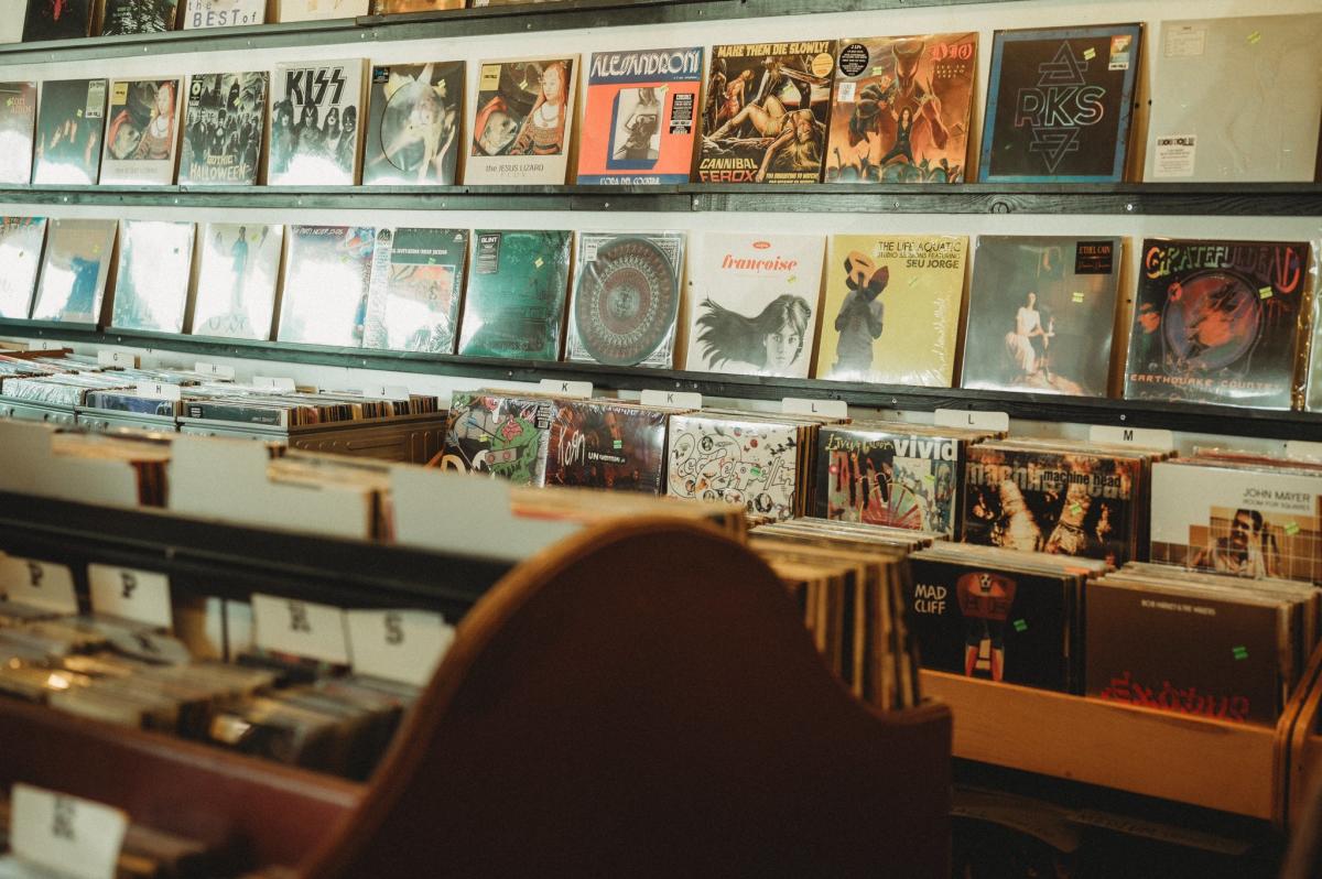Rows of vinyl records are displayed inside a record store, with album covers lined up on the wall shelves and more records organized in bins below. The covers feature a mix of artists and styles, creating a colorful, nostalgic backdrop.