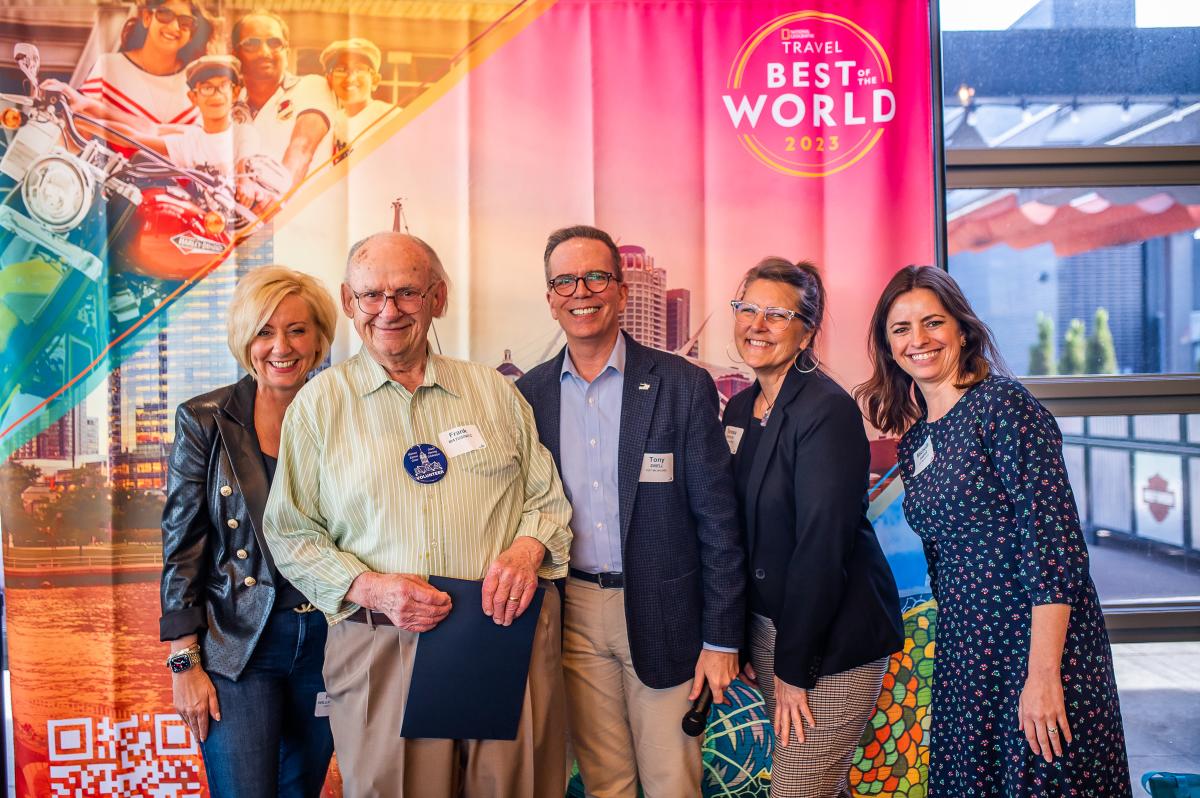 Photo of Peggy, Tony, Teresa, Michelle and Frank at the Volunteer Appreciation Happy Hour during National Travel and Tourism Week 2023.