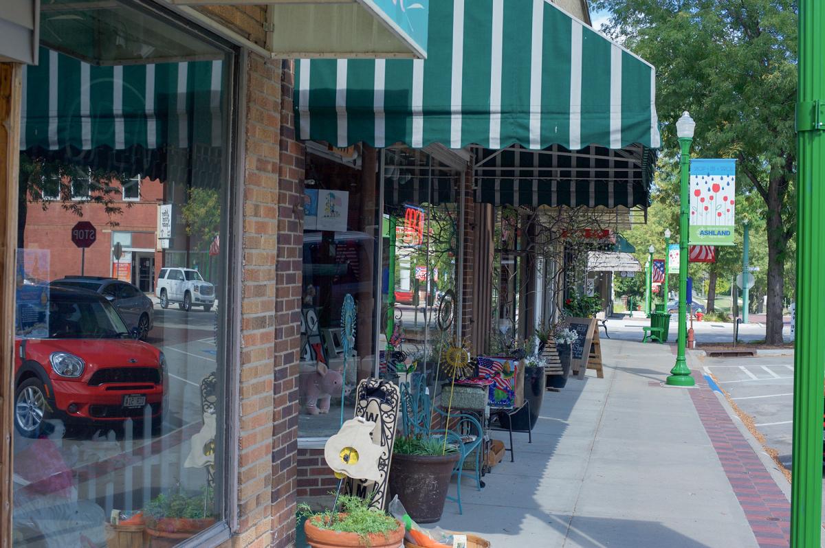 Storefronts along main street in Ashland, Nebraska.