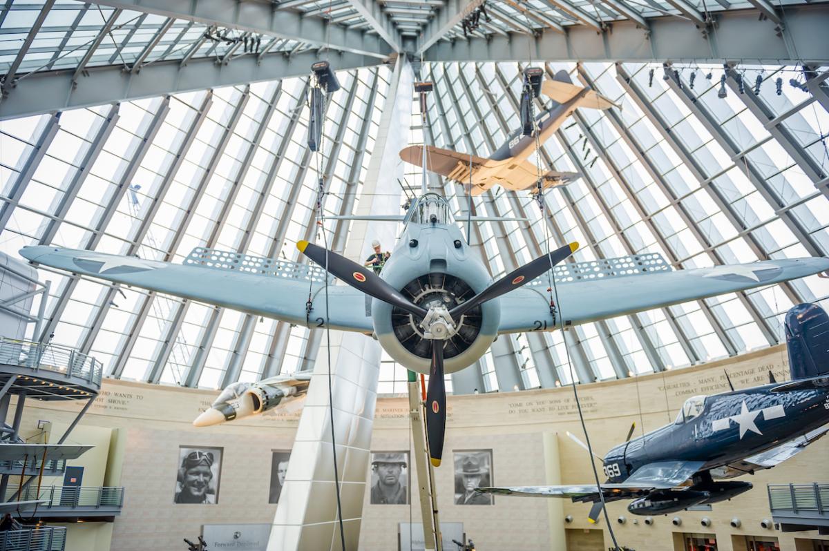 Planes hanging from the ceiling inside the National Museum of the Marine Corps