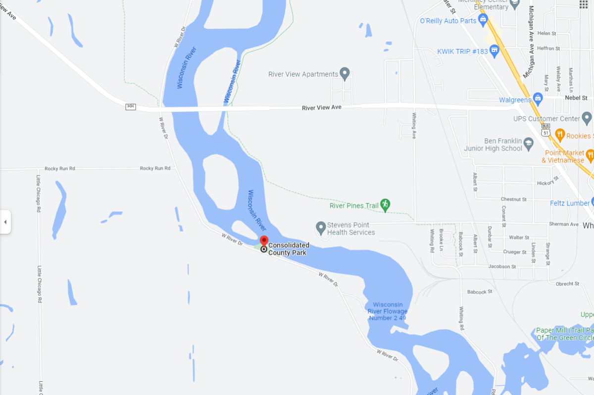 Map to find the Consolidated Parkway Boat Ramp on the River In-Between in the Stevens Point Area