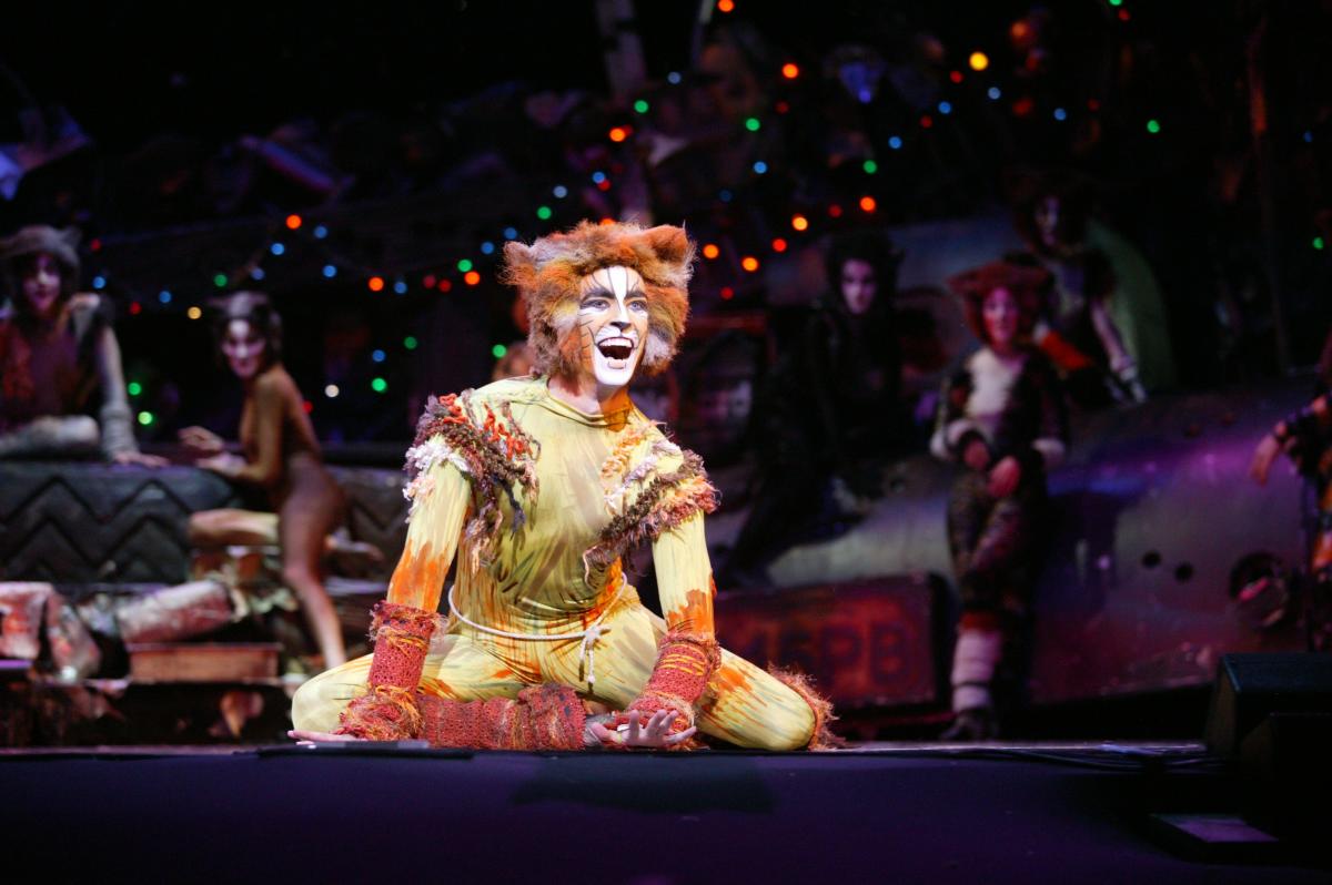 An actor sits on the stage and sings dressed as a cat in a production of "Cats"