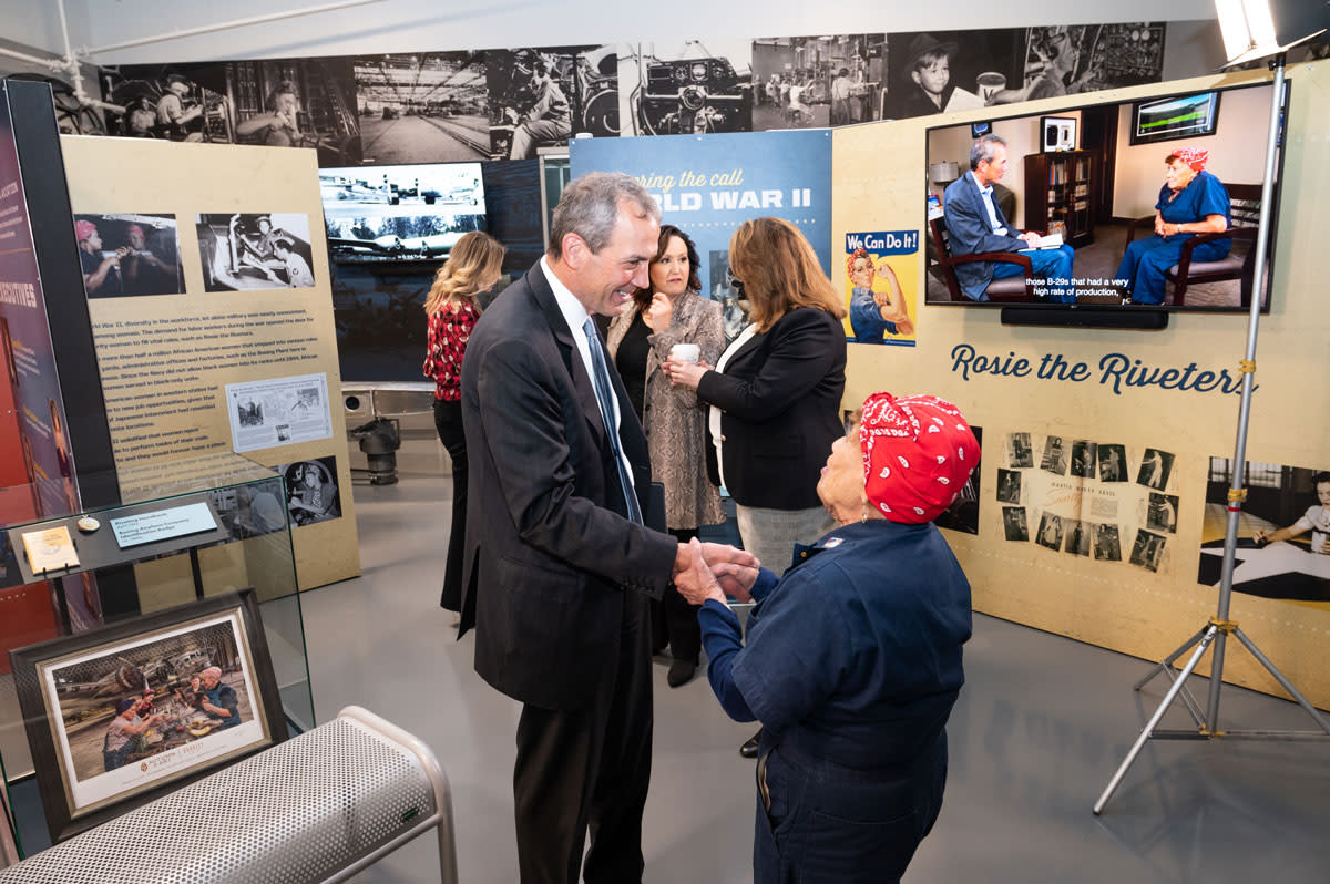 Items of the new Women in Aviation exhibit sit on display at the B-29 Doc Hangar, Education & Visitors Center
