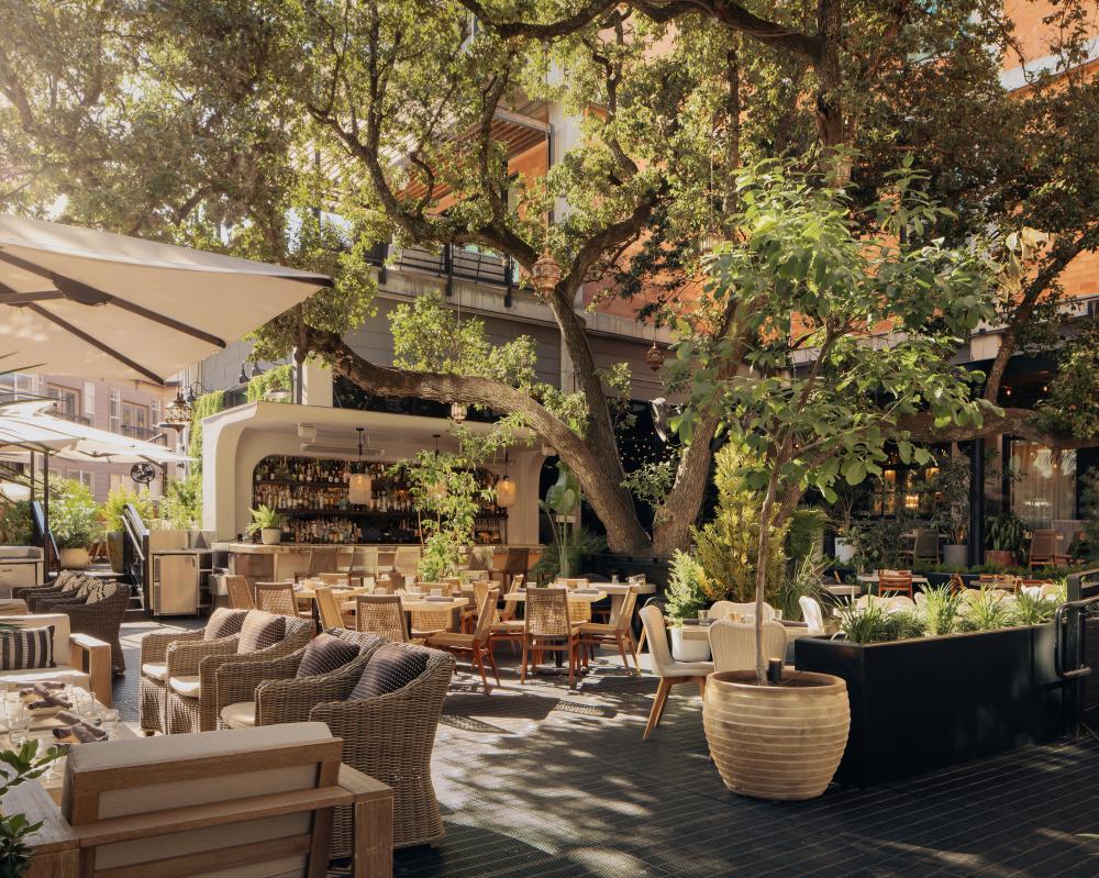 The lush outdoor dining patio at Aba with tables and wicker outdoor furniture surrounded by lush greenery and plants.