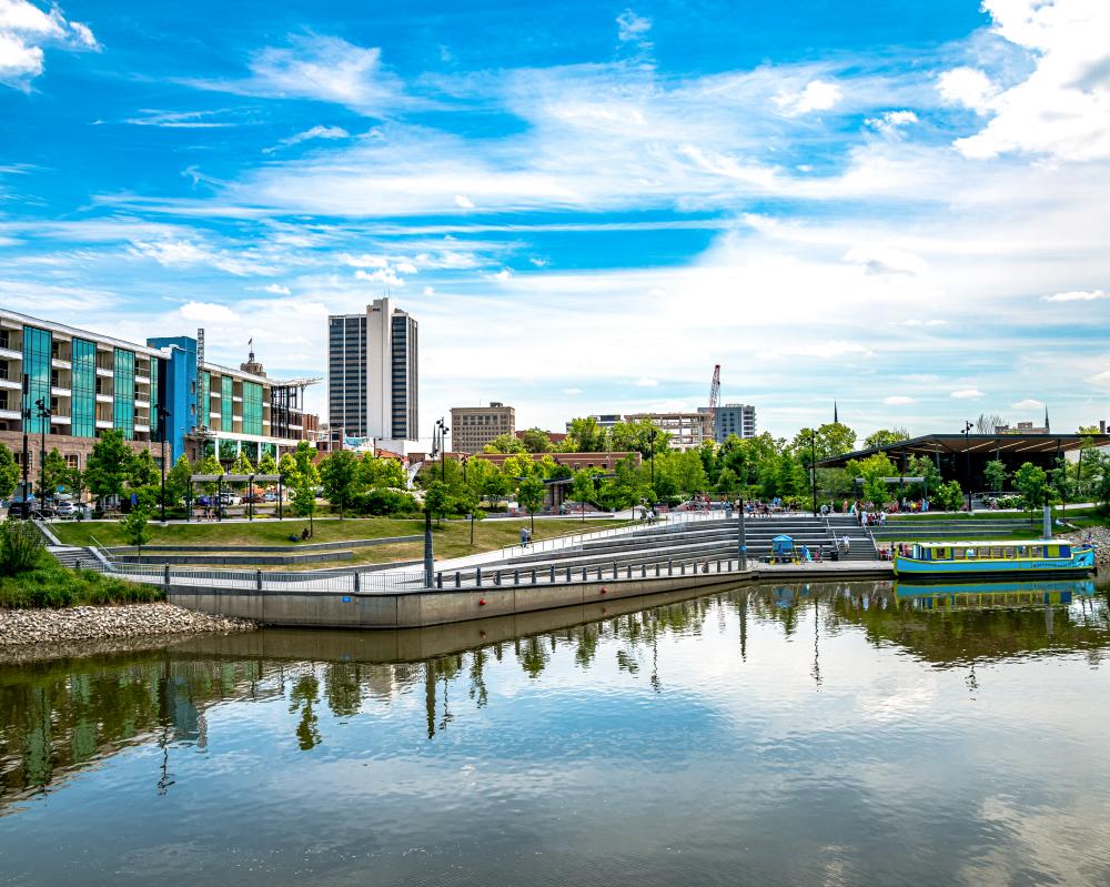 riverfront park with downtown skyline in the background
