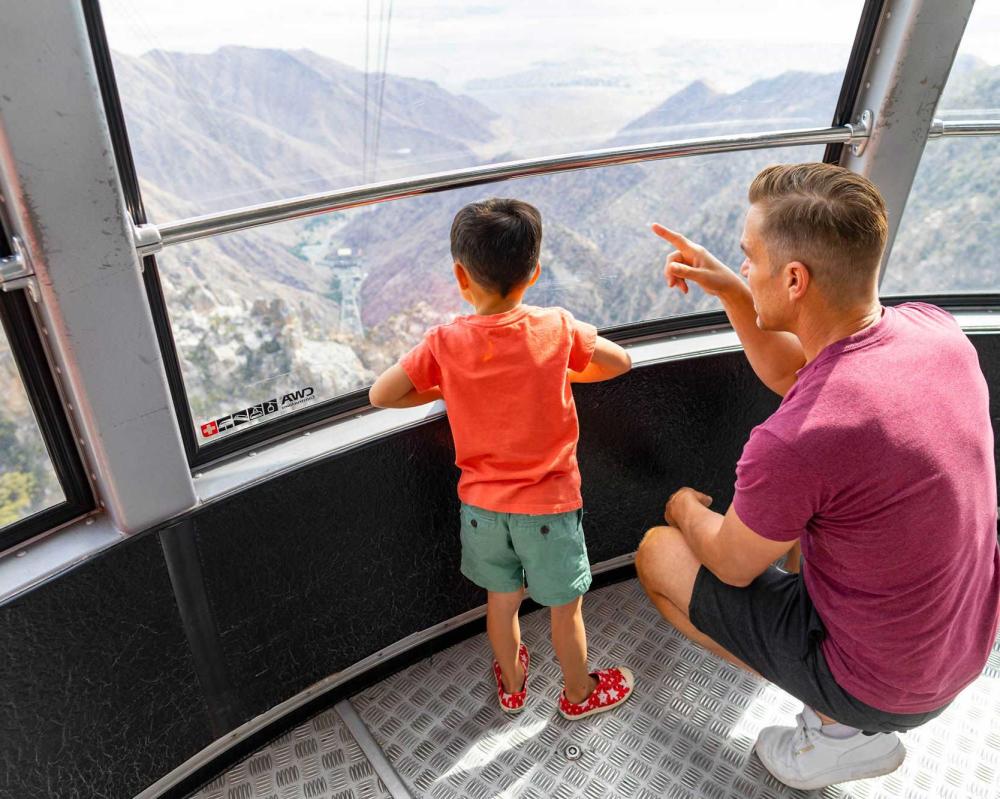 dad and son on tramway car