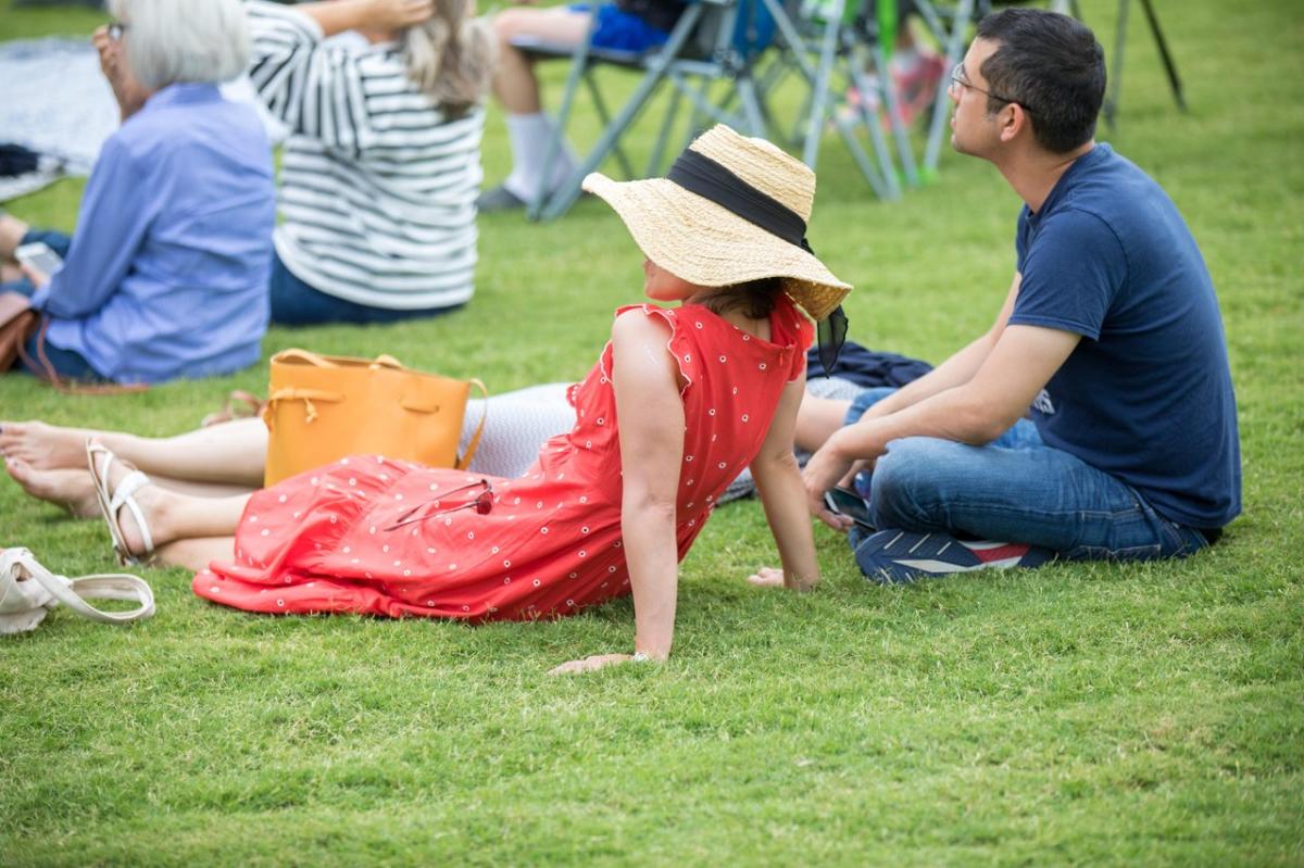 A woman in a red dress and wide-brimmed hat relaxes on grass, while a man in a blue shirt sits nearby. Others are visible in the background.