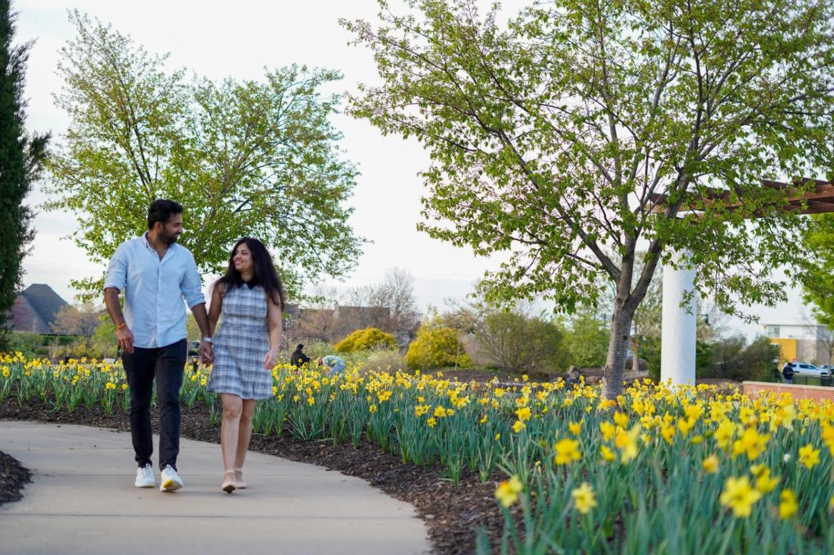 A couple strolls hand-in-hand along a curved walkway bordered by vibrant yellow daffodil flowers.