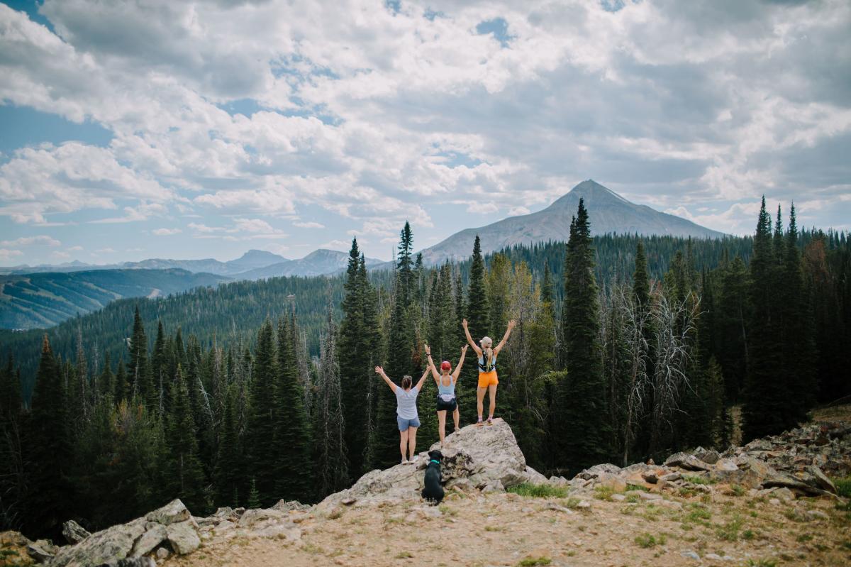 Three people stand on a rocky outcrop, arms raised, overlooking a vast forested landscape with mountains in the background under a cloudy sky. A dog sits nearby.