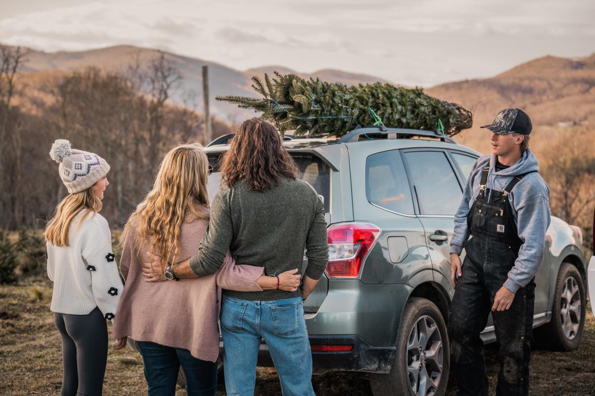 A family of three watches as a farm worker helps secure their chosen Christmas Tree to their car.