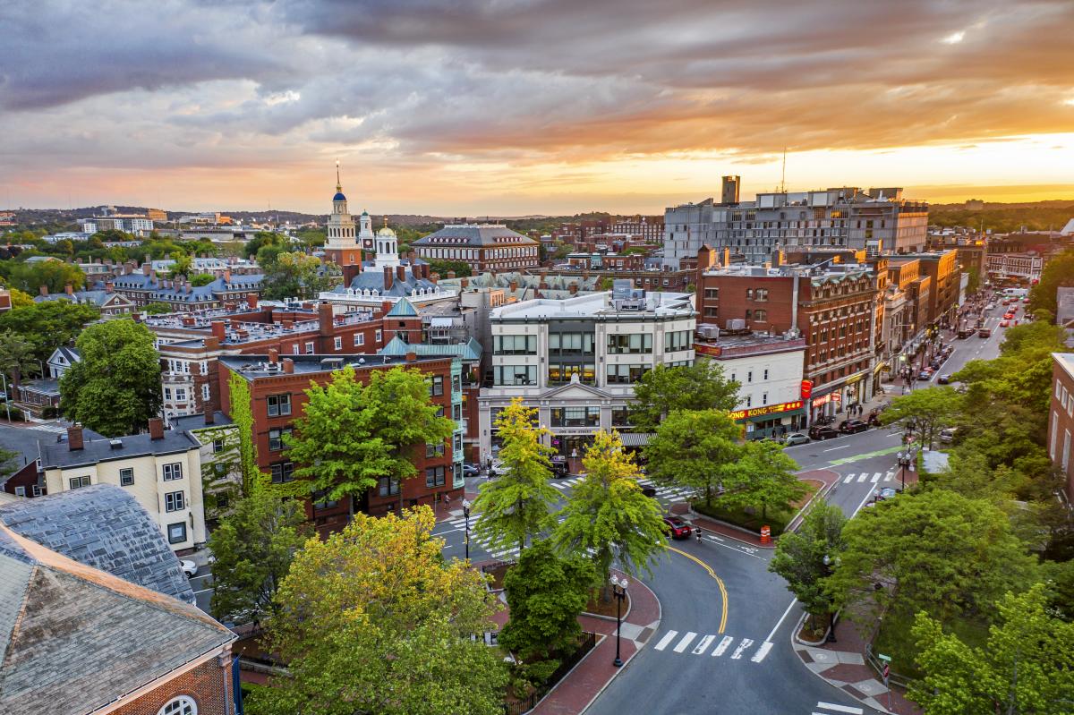 Sunset over buildings that make up Harvard Square