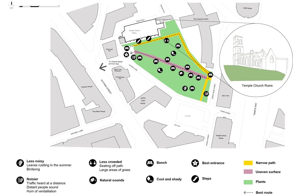 An image showing a graphic site plan of one of the Bristol Quiet Areas, Temple Church Gardens. The image shows the area in greater detail with icons for different elements such as 'less noisy', 'less crowded', 'steps' among others.