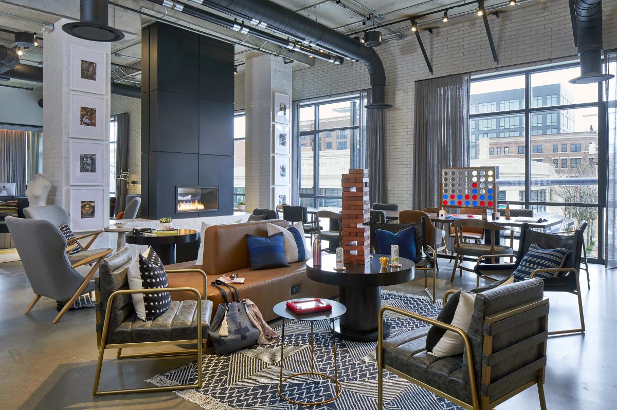 Lobby at the Moxy Hotel Short North offers ample games and seating