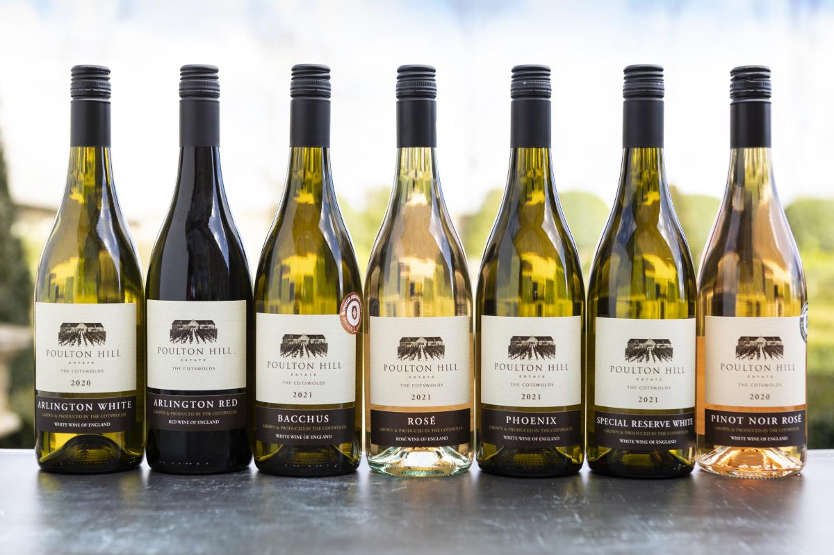 Bottles of wine from the Cotswold Vineyard Poulton Hill