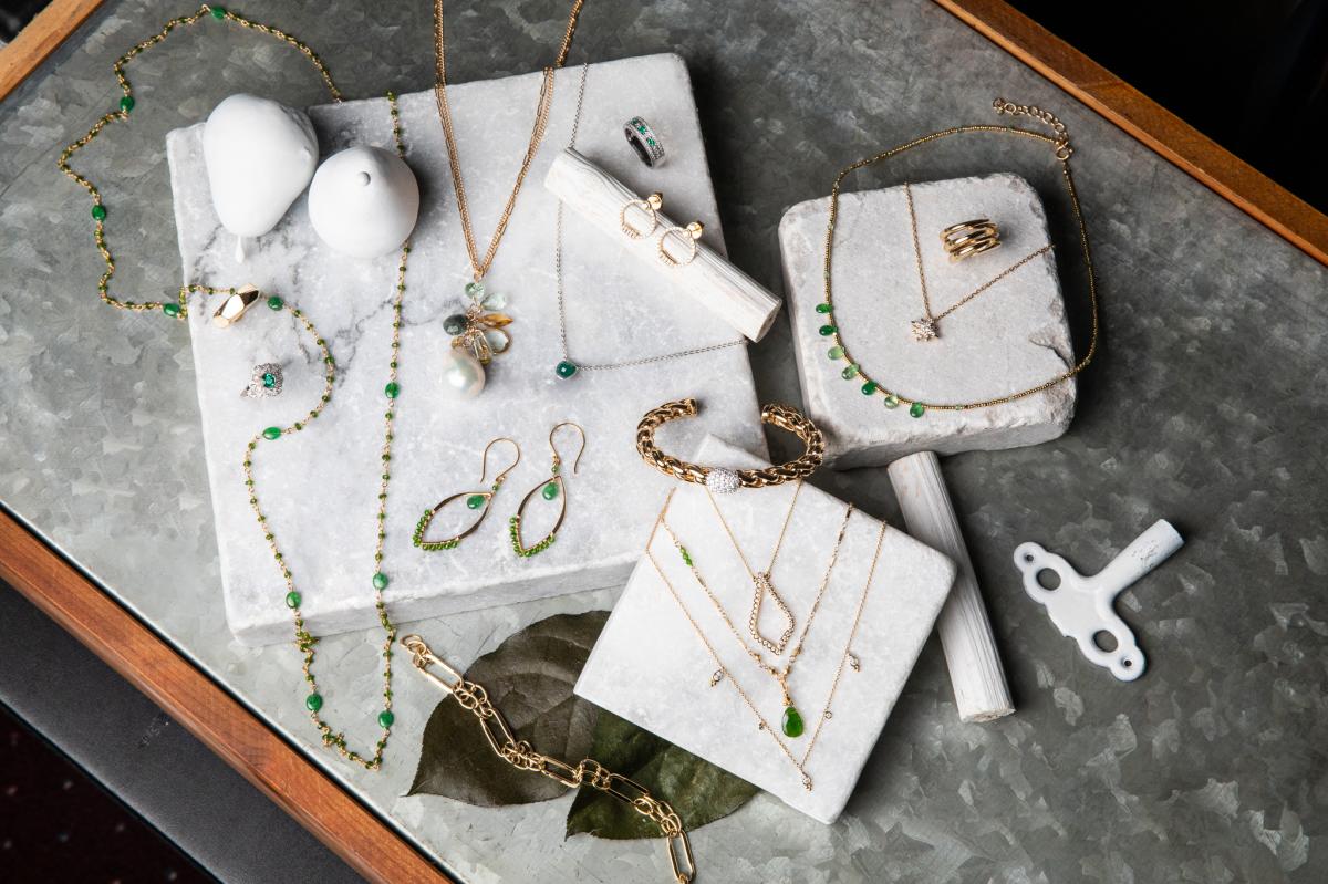 Green studded necklaces and earrings from Susan Bella Jewelry