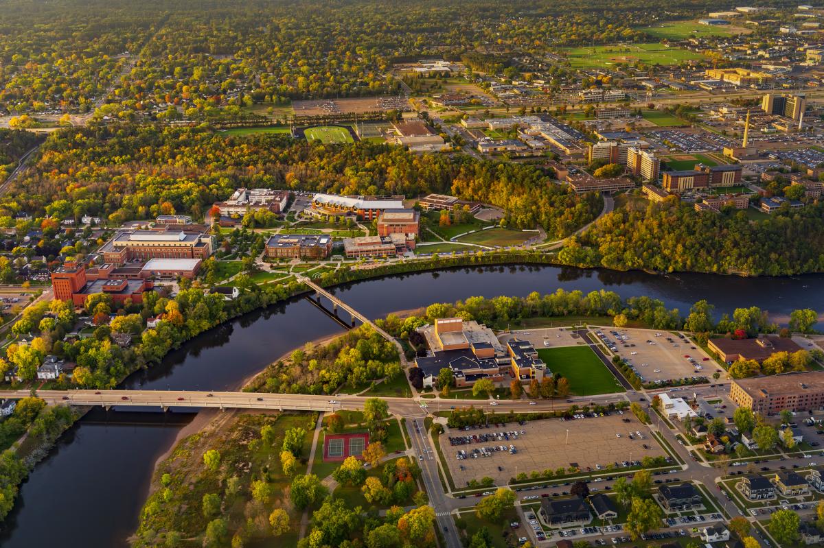 An aerial view of the UW-Eau Claire campus in the fall