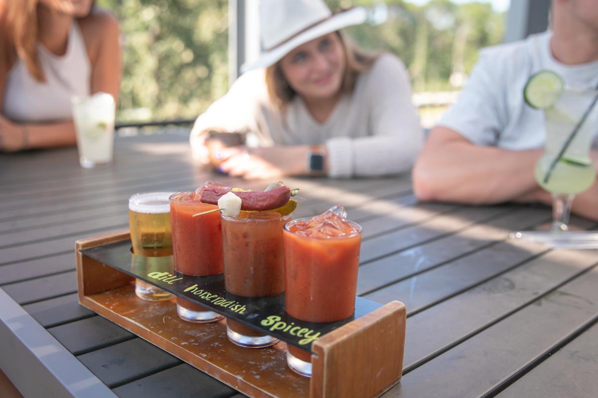 A flight of 3 Bloody Marys and a beer chaser served at 44 North in River Prairie