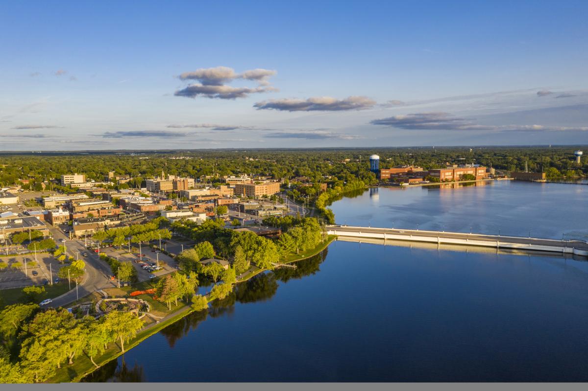 A downtown drone shot of Stevens Point