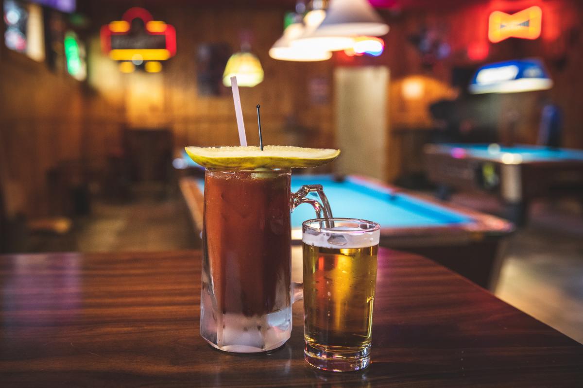 A Bloody Mary served with a pickle and a beer chaser at the Do Dodge Inn