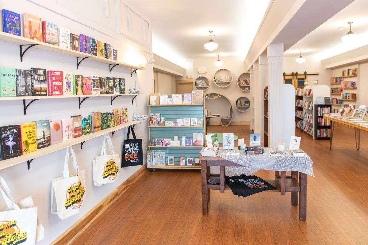 a photo inside of Dotters Books showing the book shelves and kid's corner