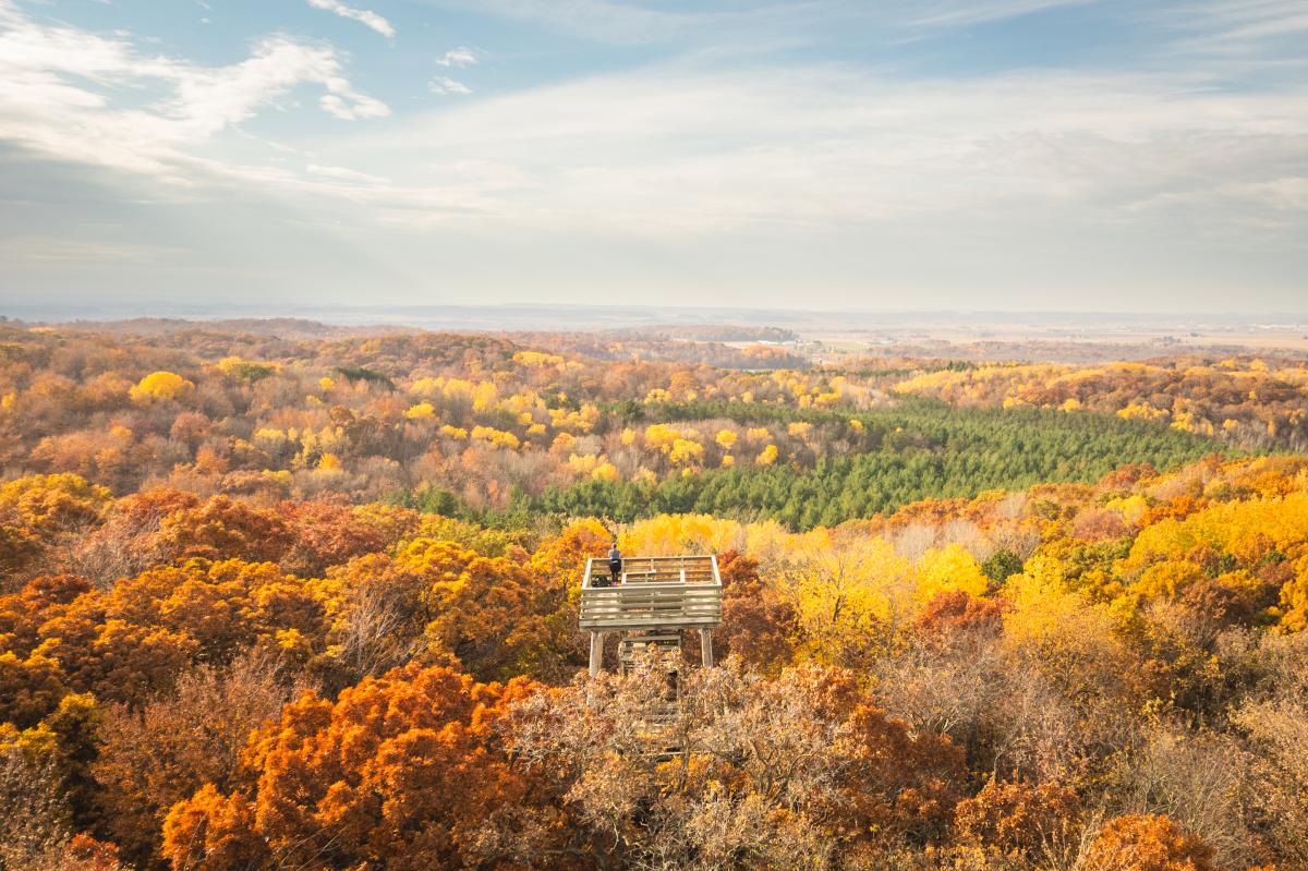 A drone shot of Hoffman Hills with fall colors