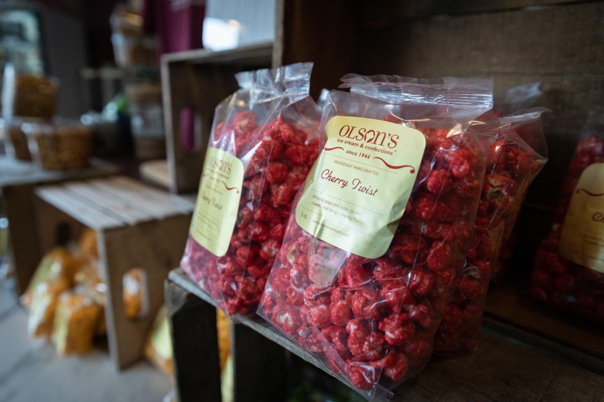 a bag of red cherry popcorn at Olson's Ice Cream