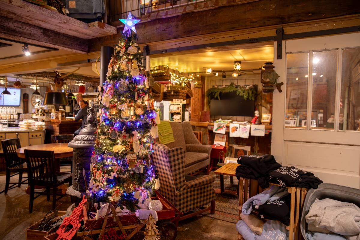 A Christmas tree inside the Osseo Nickel Barn