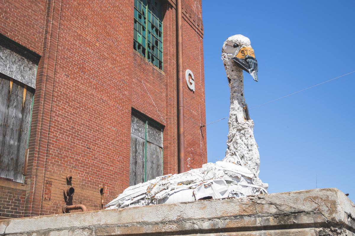 A photo of the Garbage Goose Sculpture in Eau Claire