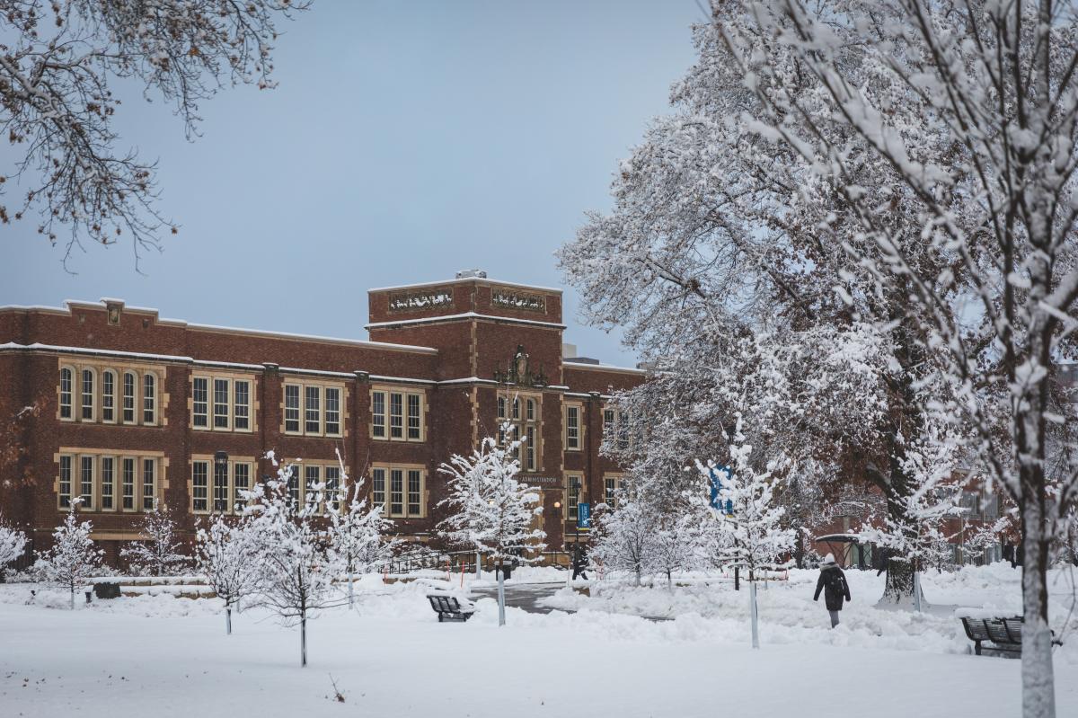 a photo of UWEC in the winter with snow