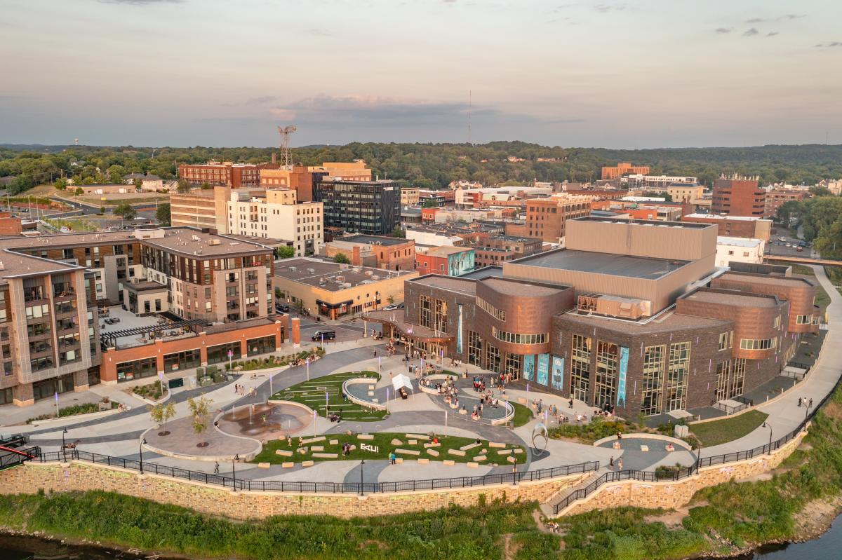 An aerial view via drone of the Haymarket Plaza in downtown Eau Claire
