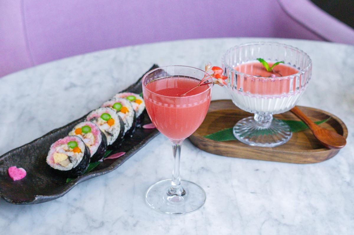 Sushi, rice pudding, and cocktail.