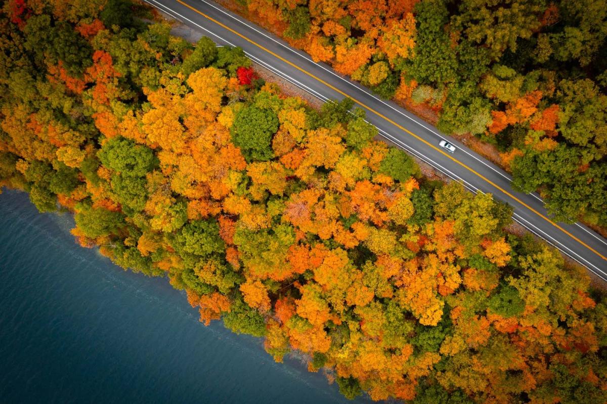 aerial view of the fall foliage driving around Keuka Lake in Finger Lakes Wine Country