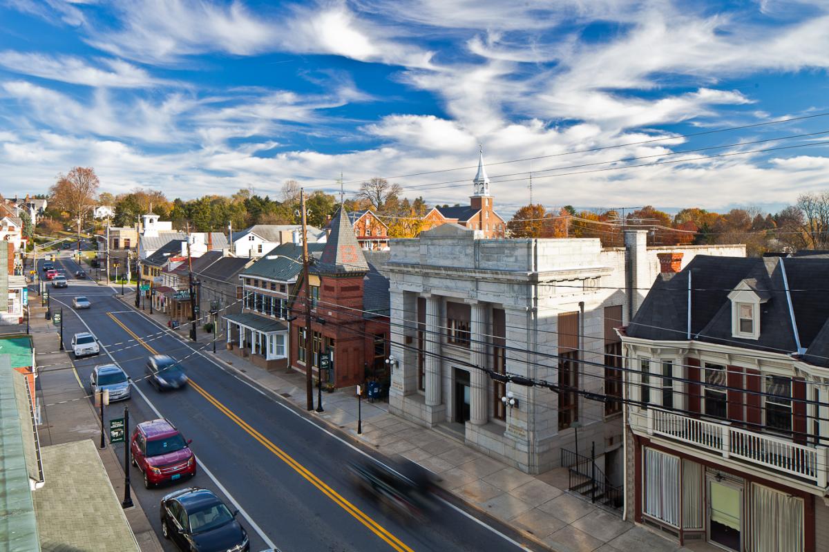 Aerial view of the Middletown Mainstreet road and buildings