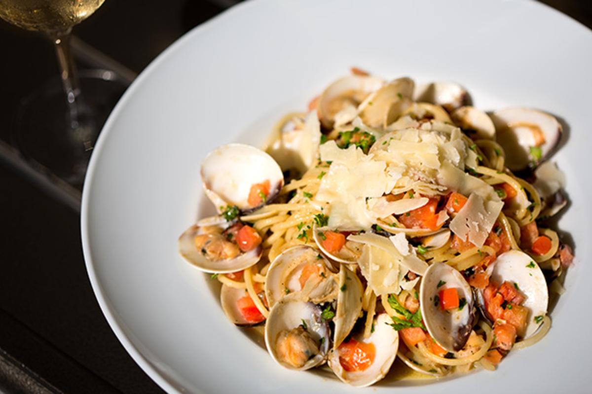 Seafood pasta with clams is a popular menu item at Beach House restaurant on Jekyll Island, Georgia