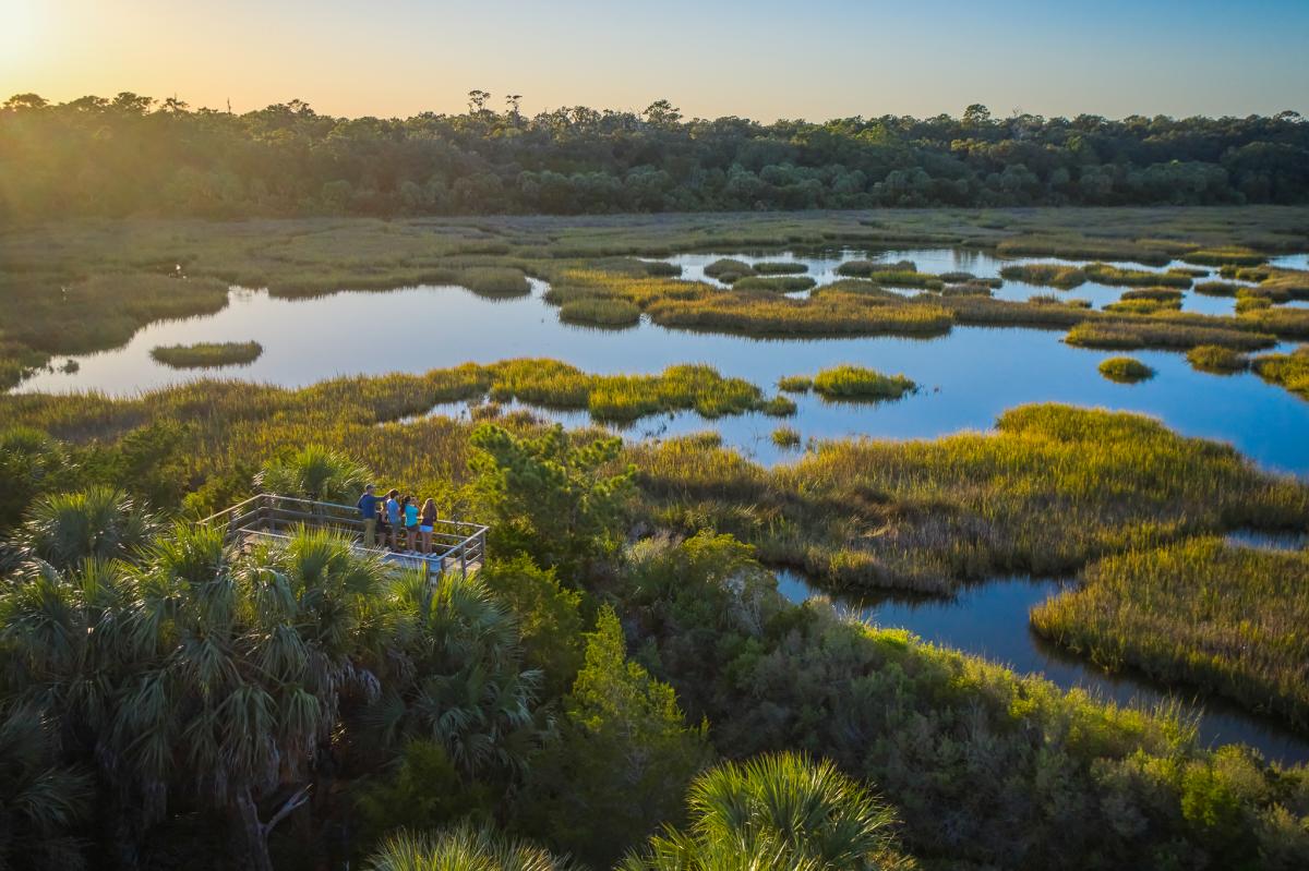 A family watches migratory birds from a wildlife viewing platform on Little St. Simons Island, GA