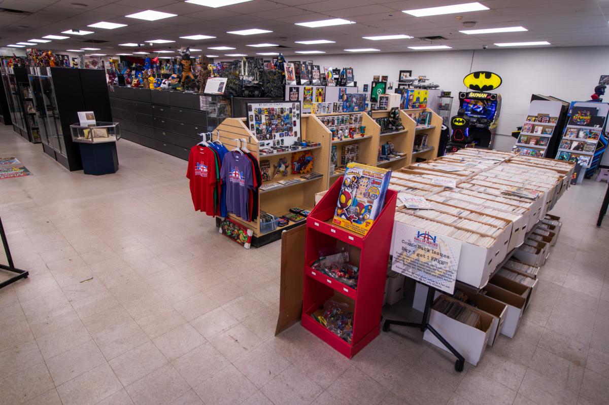 The interior of Hall of Heroes Superhero Museum in Elkhart County with lots of comic books and memorabilia.