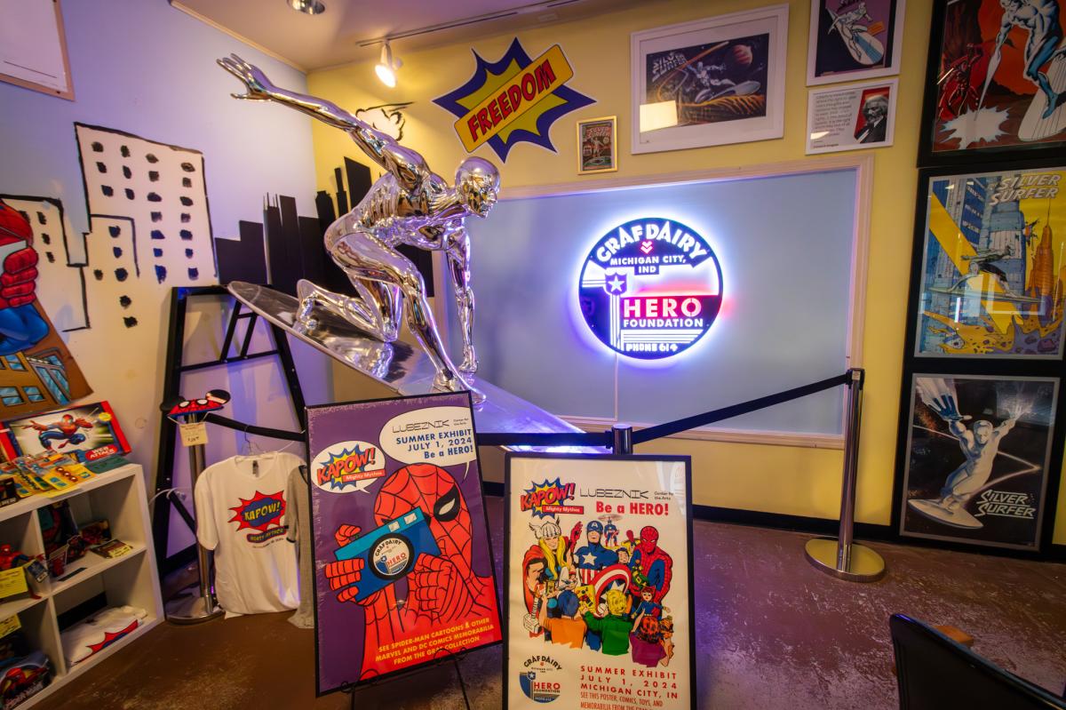 A statue of the Silver Surfer at HEROES Arcade, Museum, and Gallery at Lighthouse Place Premium Outlets in Michigan City of LaPorte County.