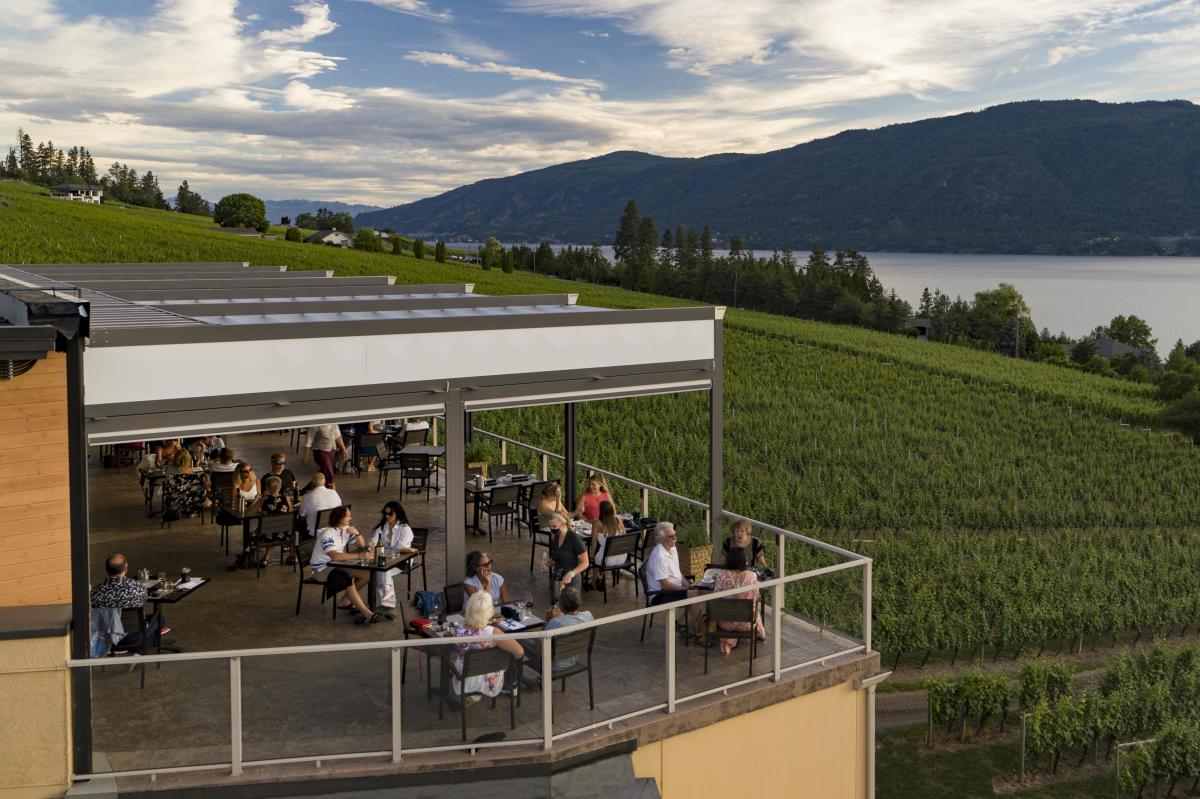 Aerial view of The Lookout Restaurant patio at the Gray Monk Winery in Lake Country, BC