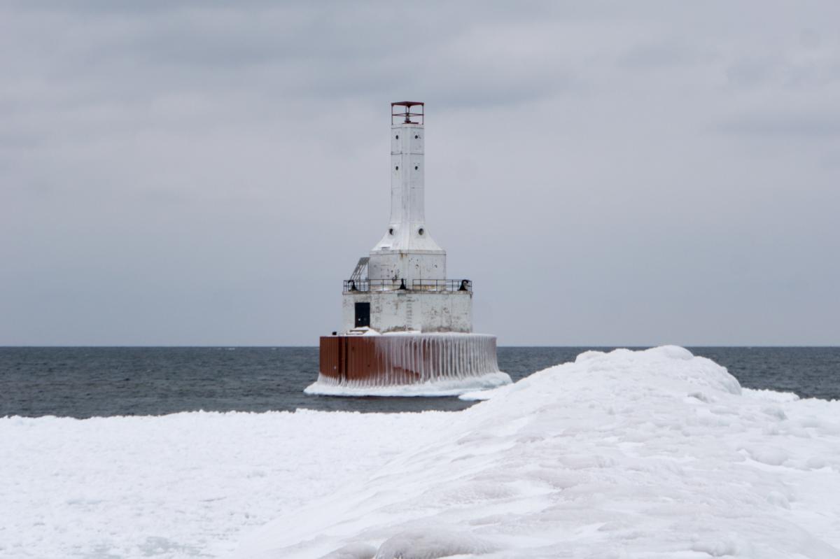 Frozen lighthouse at McLain State Park