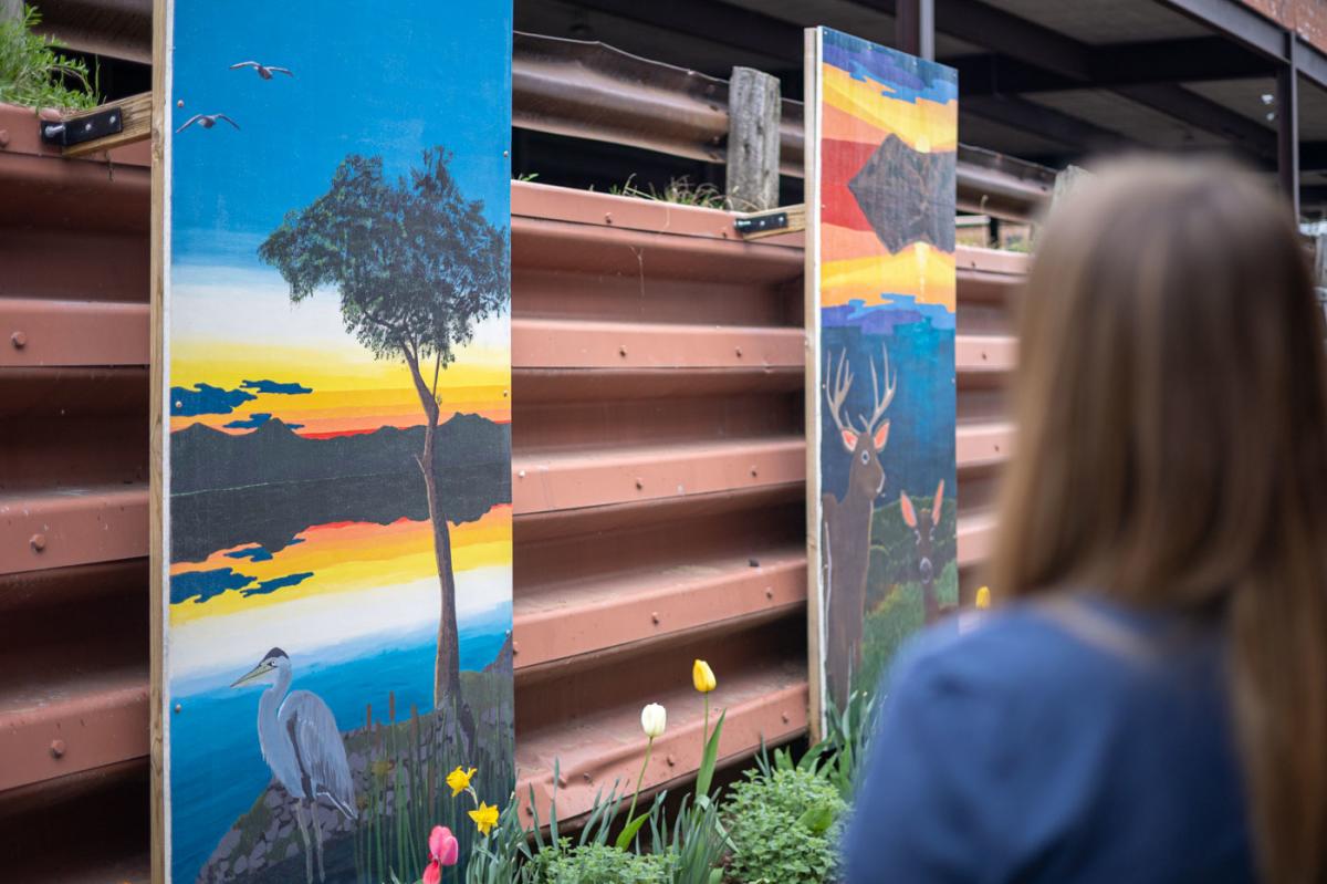 Person looks at murals along Houghton waterfront.