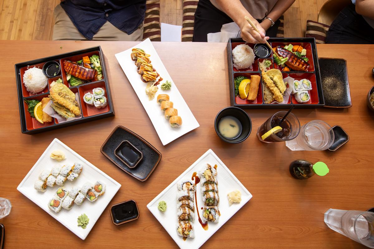 Table full of tasty and colorful food at Sansu Sushi and Cocktails